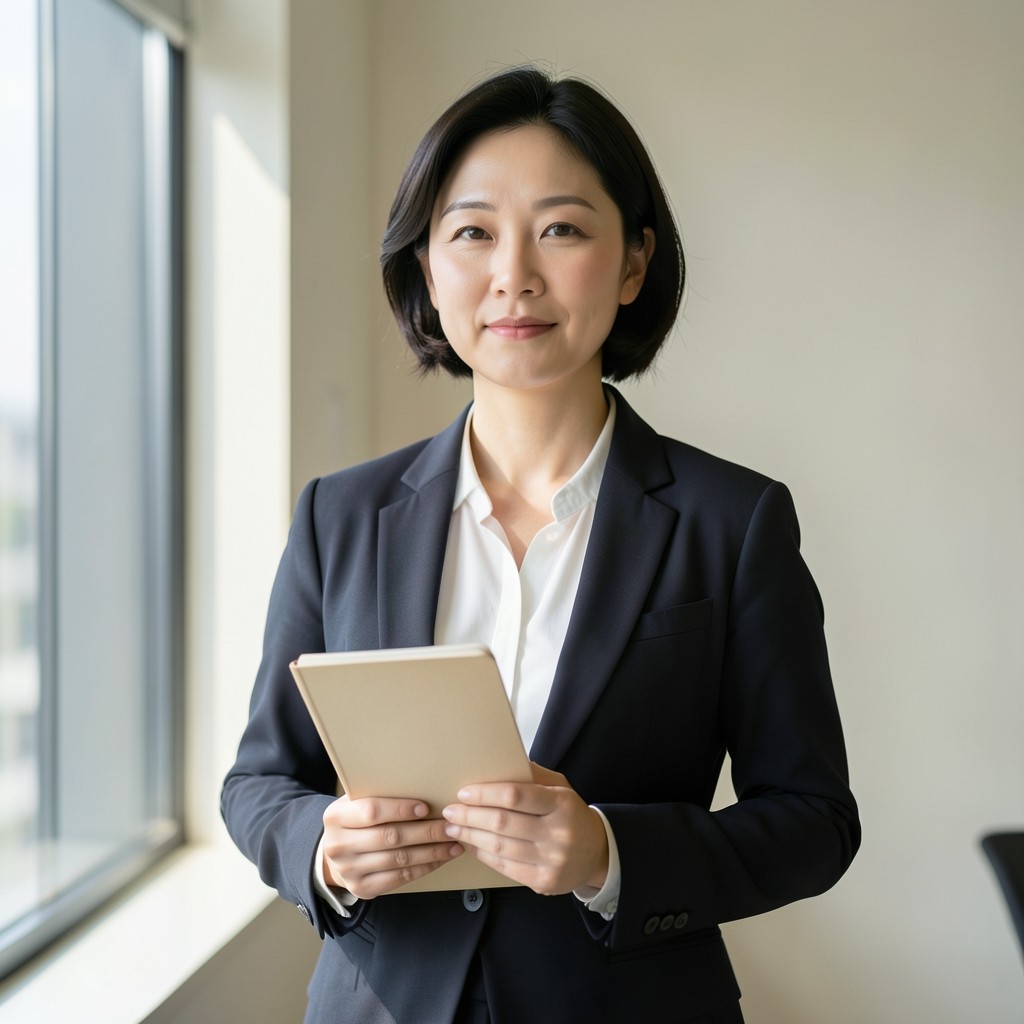 창가 옆에 서서 노트를 든 검토 담당 강민서